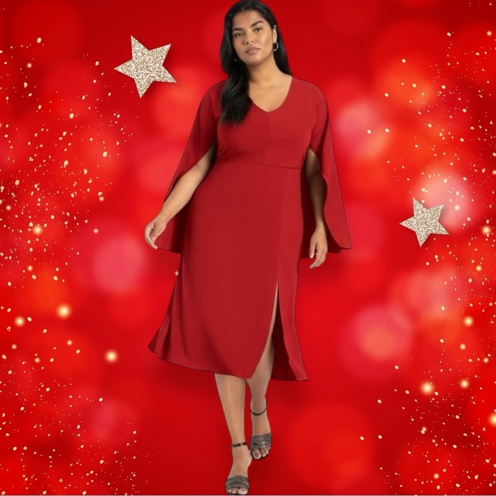 NWT Eloquii Bright Red Capelet V-Neck Midi Dress with Side Slit Plus Size 26/28